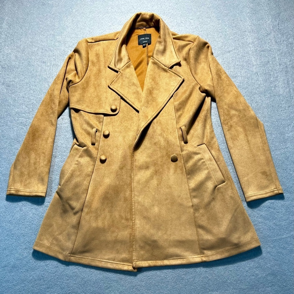 Love Tree Women’s Camel Faux Suede Trench Coat Size Medium No Belt